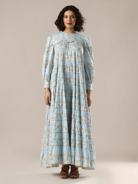 Tiered Panelled Long Dress - Light Blue