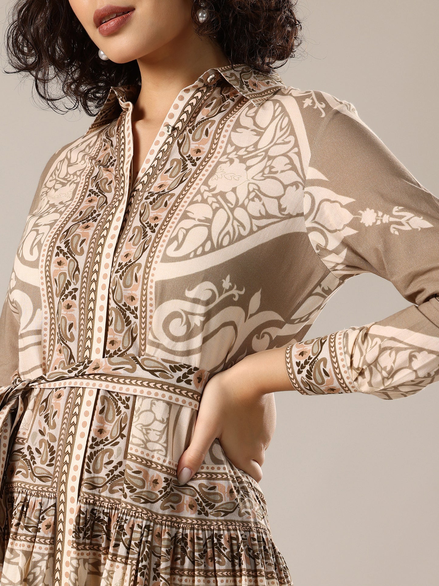 Printed Shirt Dress - Beige