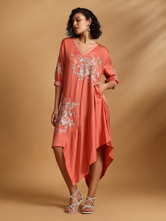 Embelished Asymmetric Dress - Coral