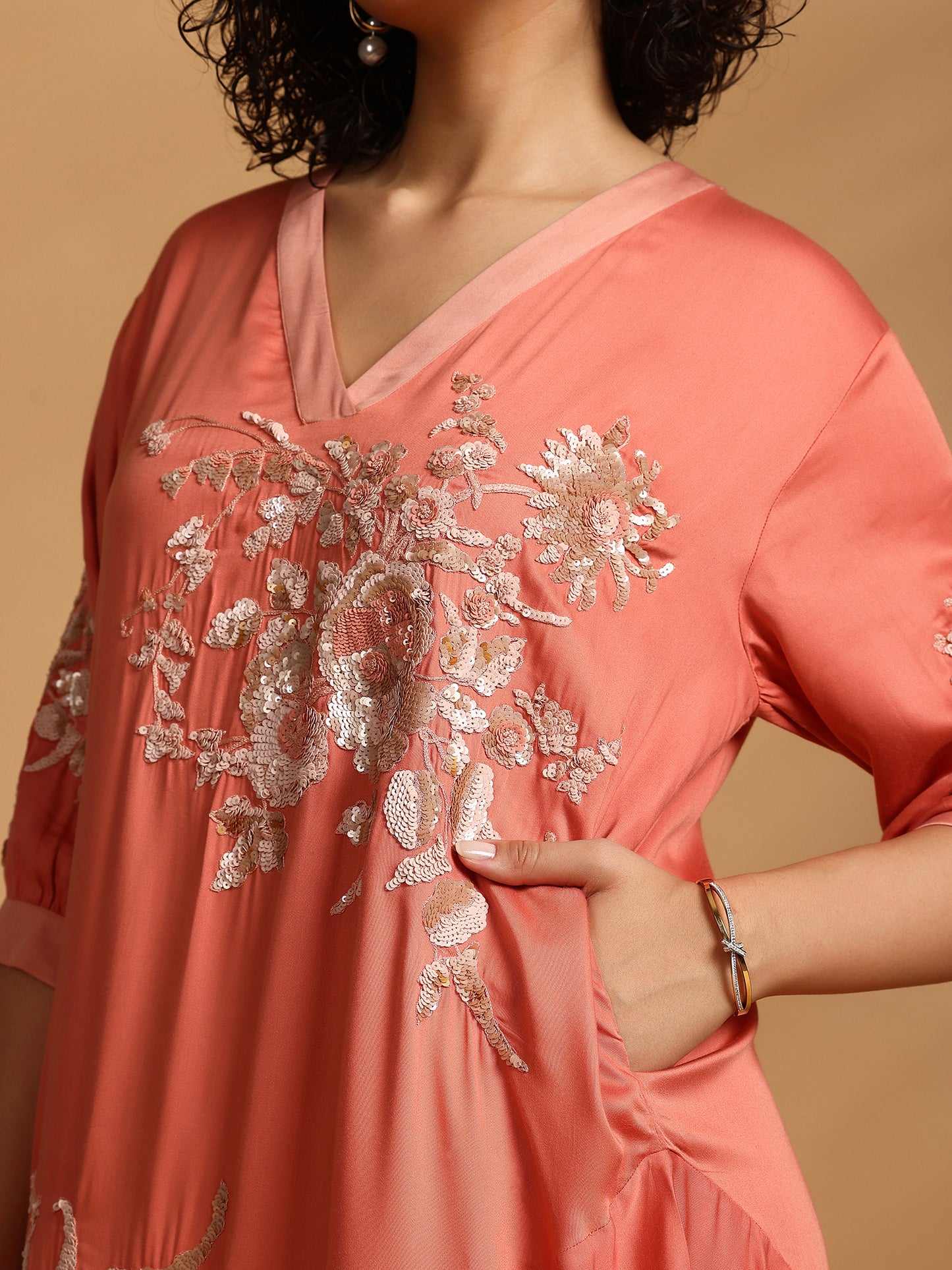 Embelished Asymmetric Dress - Coral