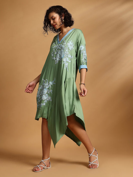 Embelished Asymmetric Dress - Green
