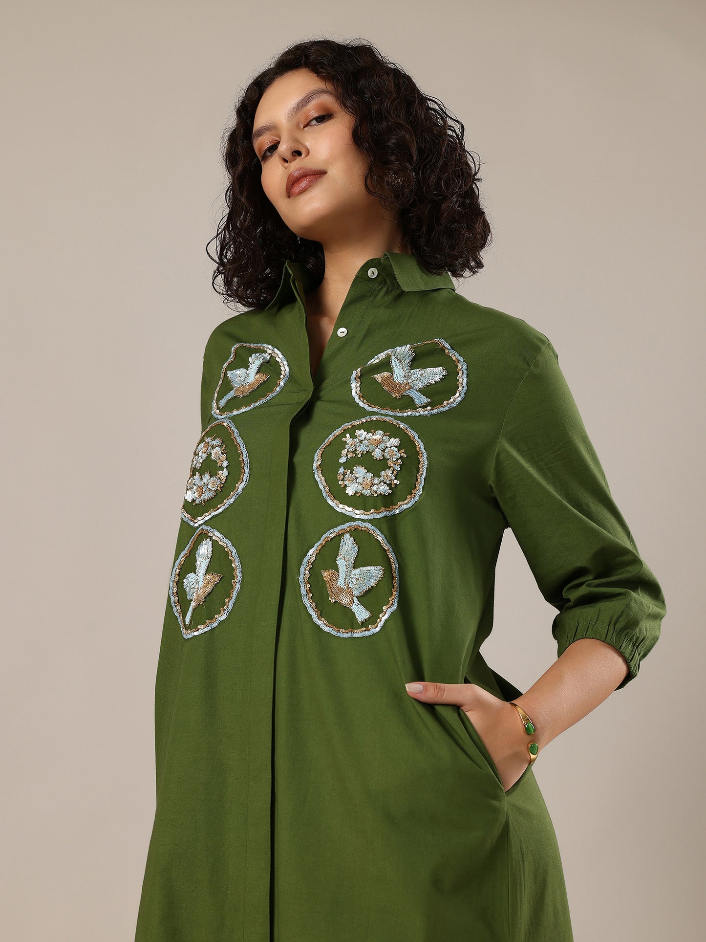 Embelished Long Shirt Dress - Green
