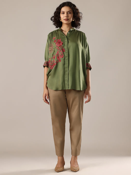 Embroidered Oversized Shirt - Green