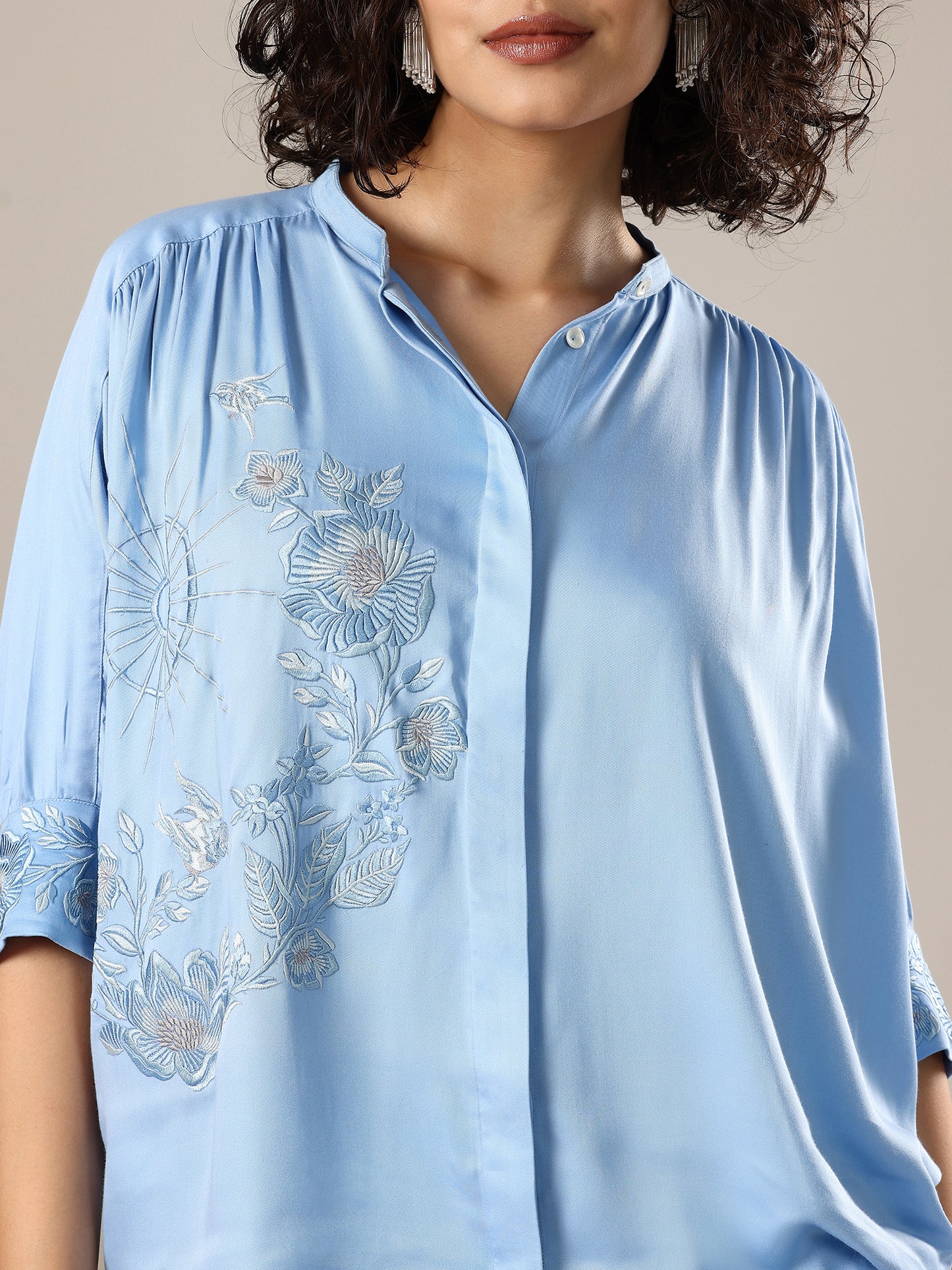 Embroidered Oversized Shirt - Blue