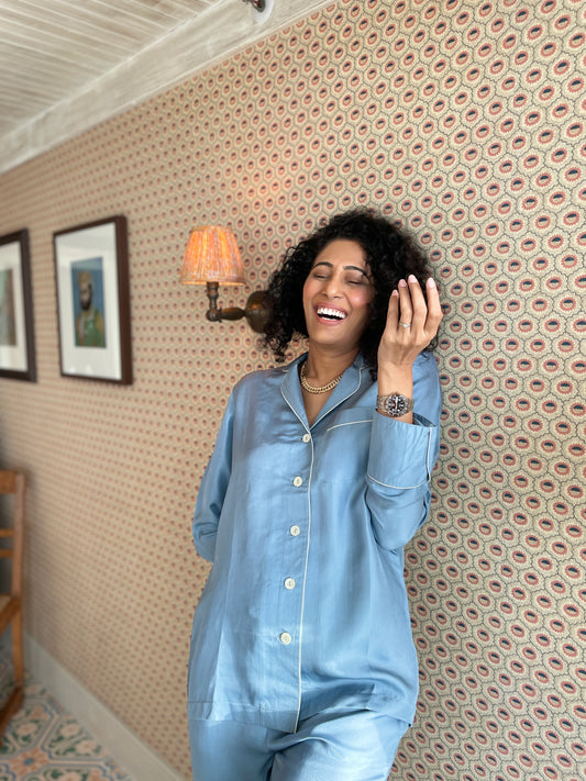 Button down long sleeve pyjama, with contrast piping by AltSleep. Indulge in luxury sleepwear with our signature collection by AltSleep. From stylish pyjamas to elegant kaftans, made-to-order our brand offers sleep solutions exclusively made for you. We believe in conscious fashion, provide customisations beyond standard sizes of XS to XL using superior fabrics for the best quality night wear.