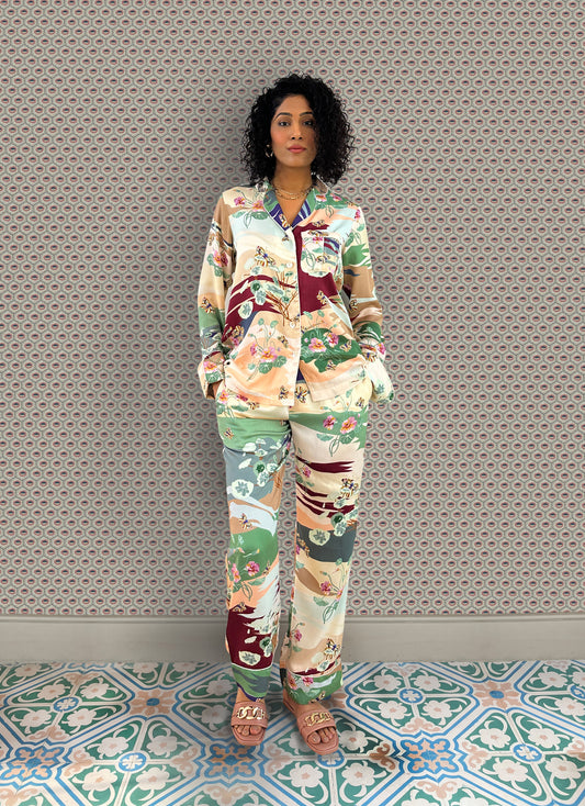 Printed Button down long sleeve pyjama set by AltSleep. Indulge in luxury sleepwear with our signature collection by AltSleep. From stylish pyjamas to elegant kaftans, made-to-order our brand offers sleep solutions exclusively made for you. We believe in conscious fashion, provide customisations beyond standard sizes of XS to XL using superior fabrics for the best quality night wear.