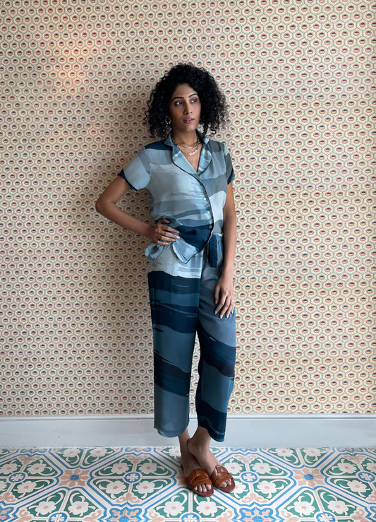 Printed Button down short sleeve shirt with matching pyjama by AltSleep. Indulge in luxury sleepwear with our signature collection by AltSleep. From stylish pyjamas to elegant kaftans, made-to-order our brand offers sleep solutions exclusively made for you. We believe in conscious fashion, provide customisations beyond standard sizes of XS to XL using superior fabrics for the best quality night wear.