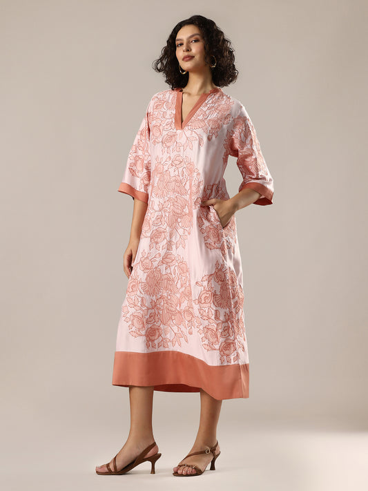 Embroidered A-Line Dress - Apricot