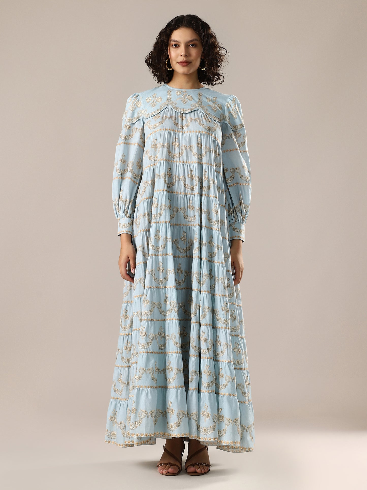 Tiered Panelled Long Dress - Light Blue