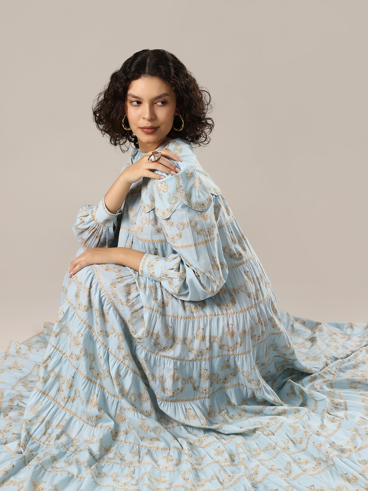 Tiered Panelled Long Dress - Light Blue