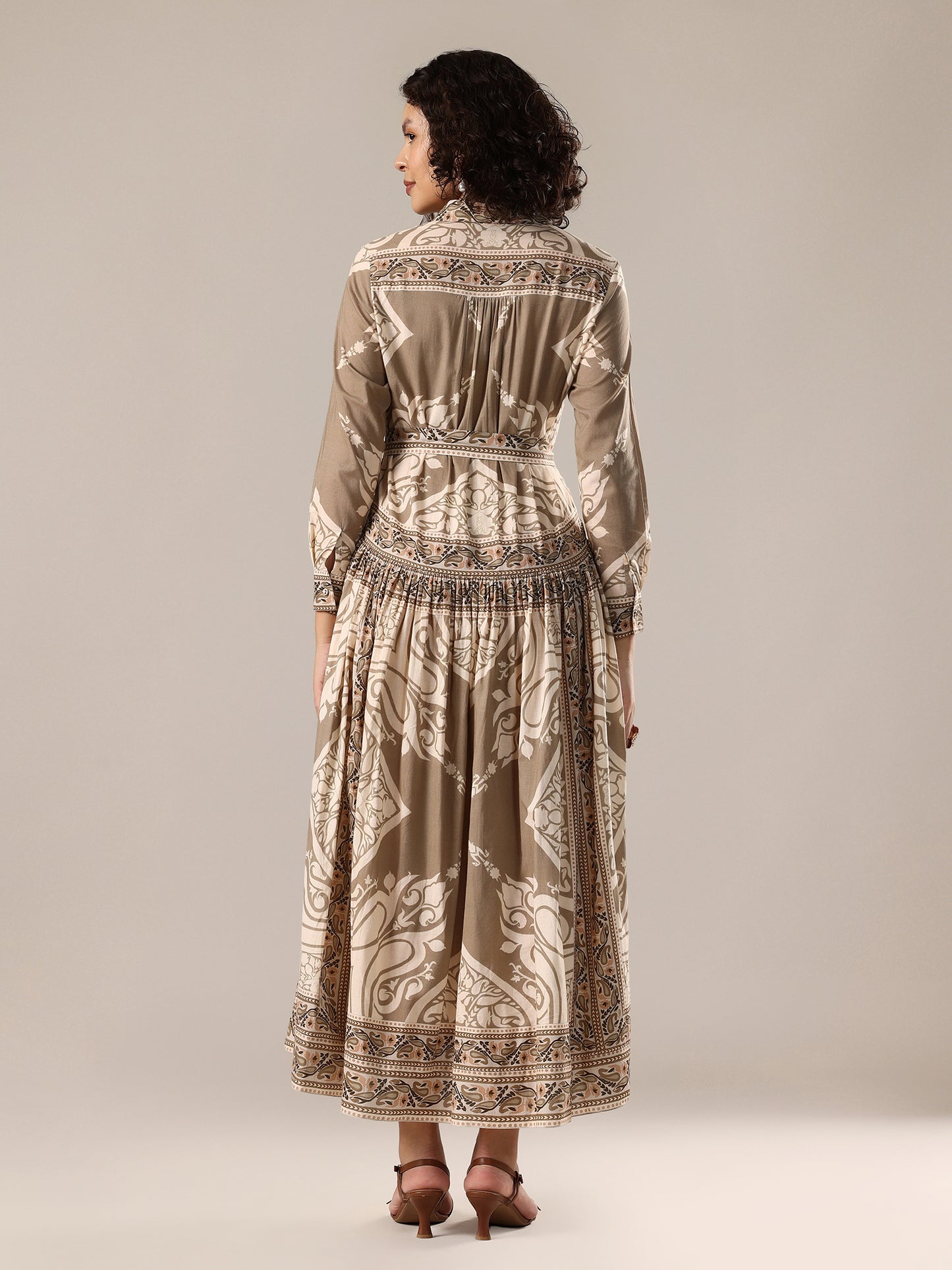 Printed Shirt Dress - Beige