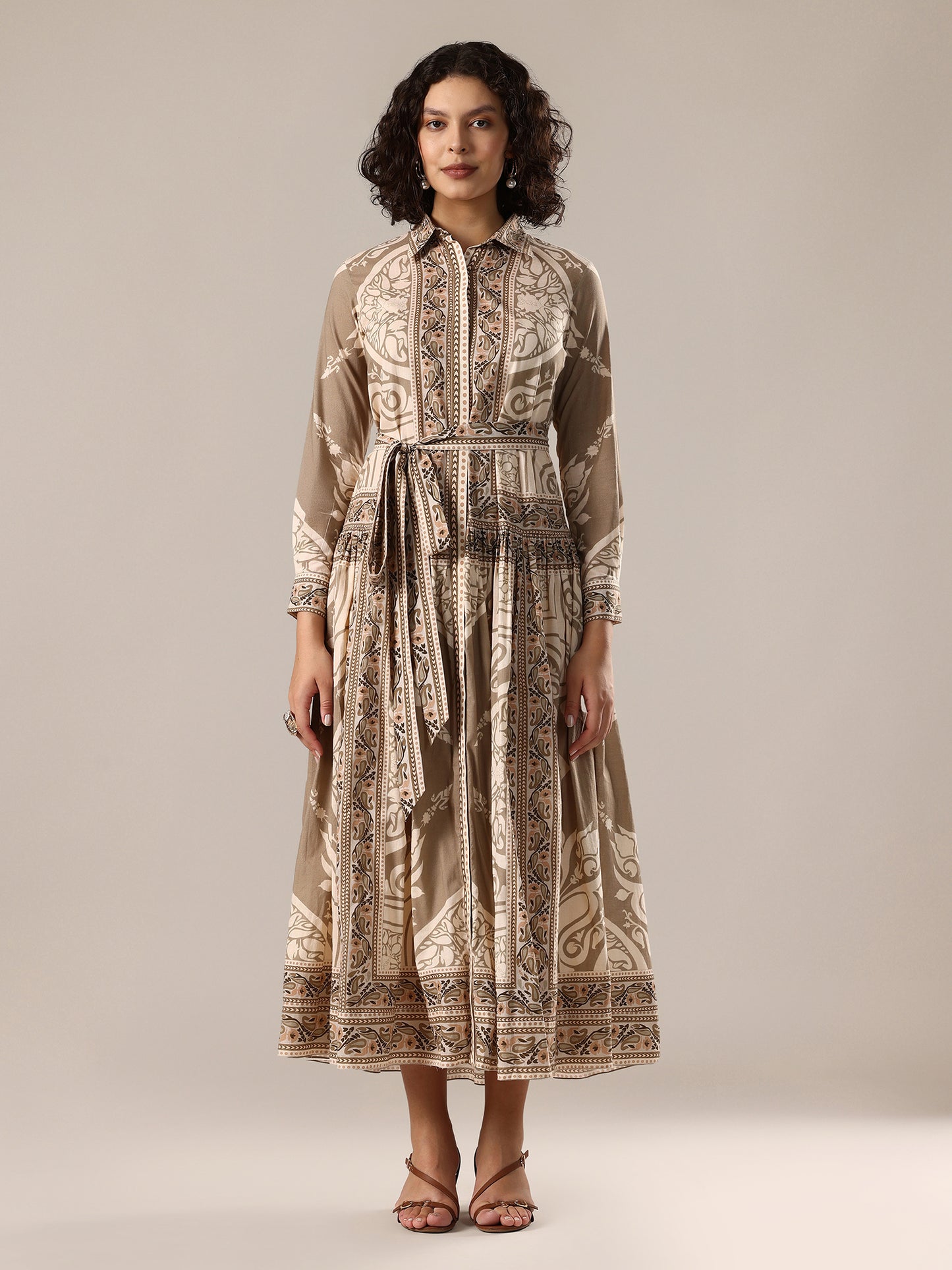 Printed Shirt Dress - Beige