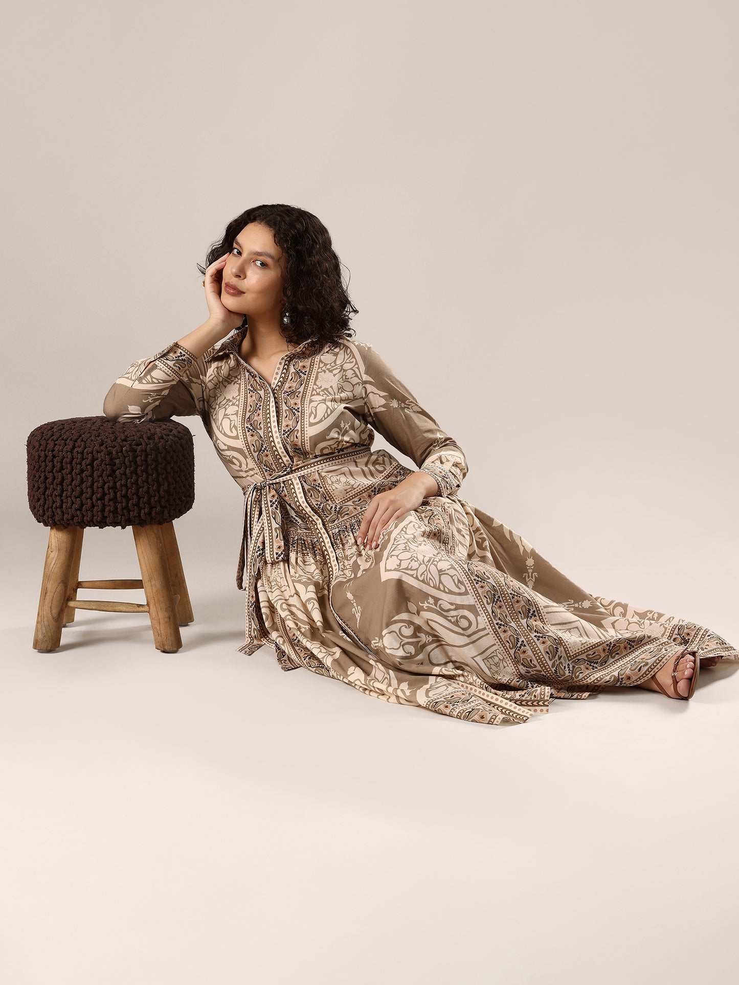 Printed Shirt Dress - Beige