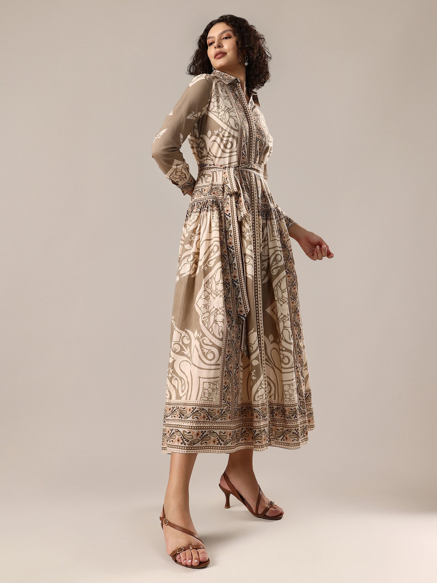 Printed Shirt Dress - Beige