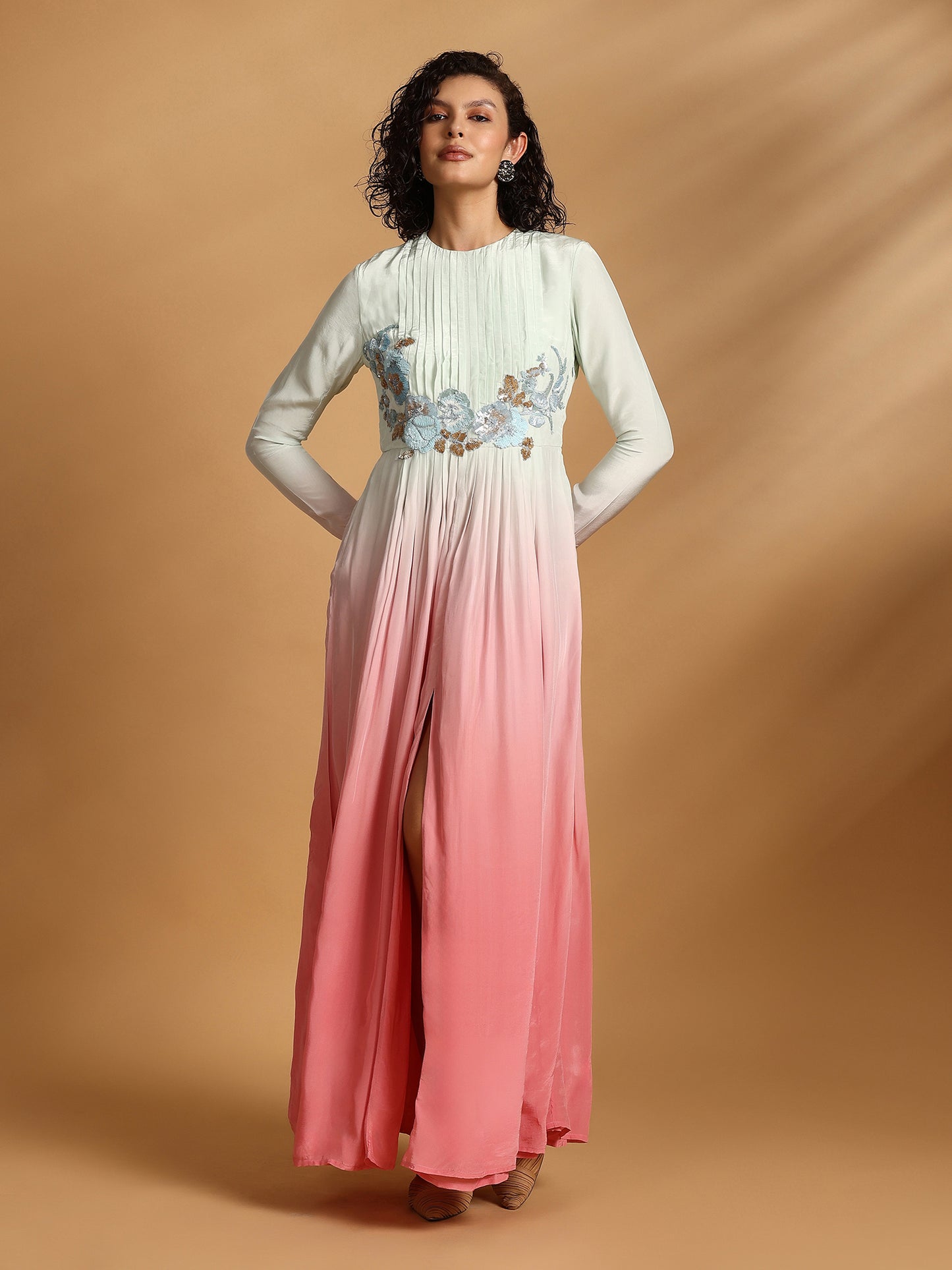 Long Sleeve Maxi Dress - Mint Pink