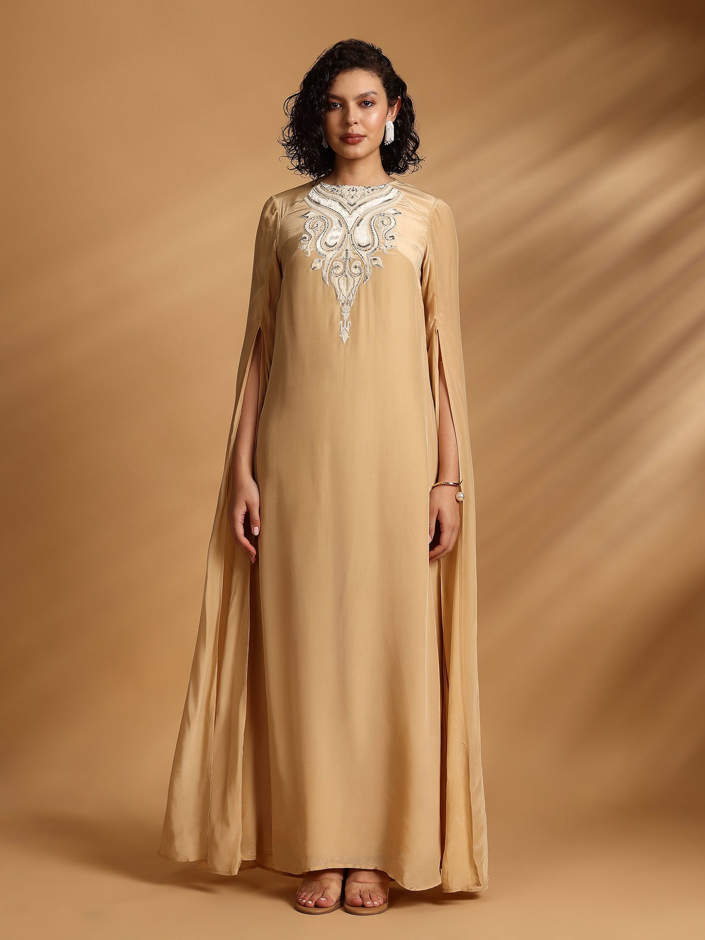Long Sleeve Cape Dress - Golden Beige