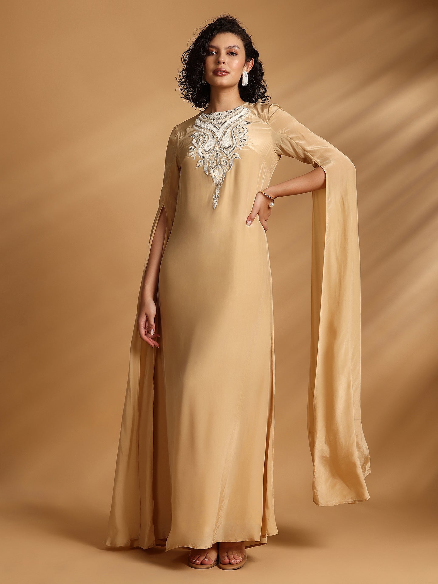 Long Sleeve Cape Dress - Golden Beige