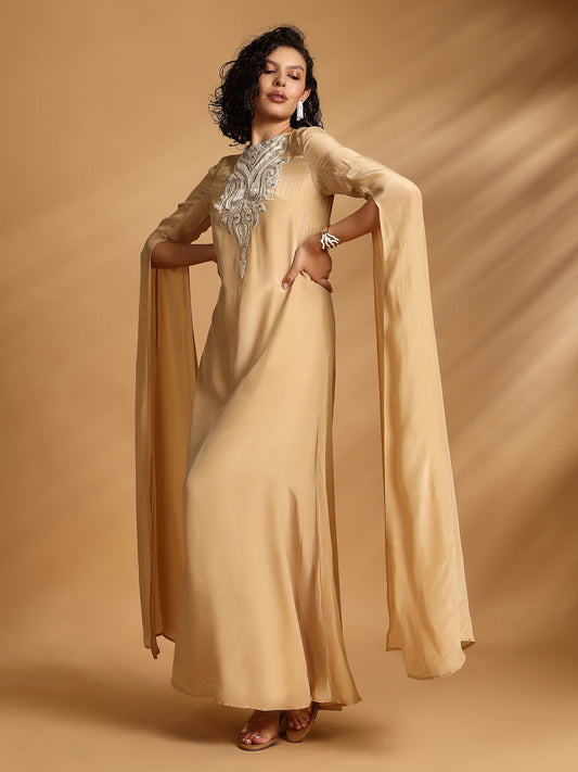 Long Sleeve Cape Dress - Golden Beige
