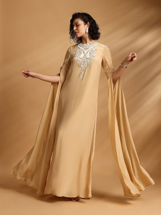 Long Sleeve Cape Dress - Golden Beige