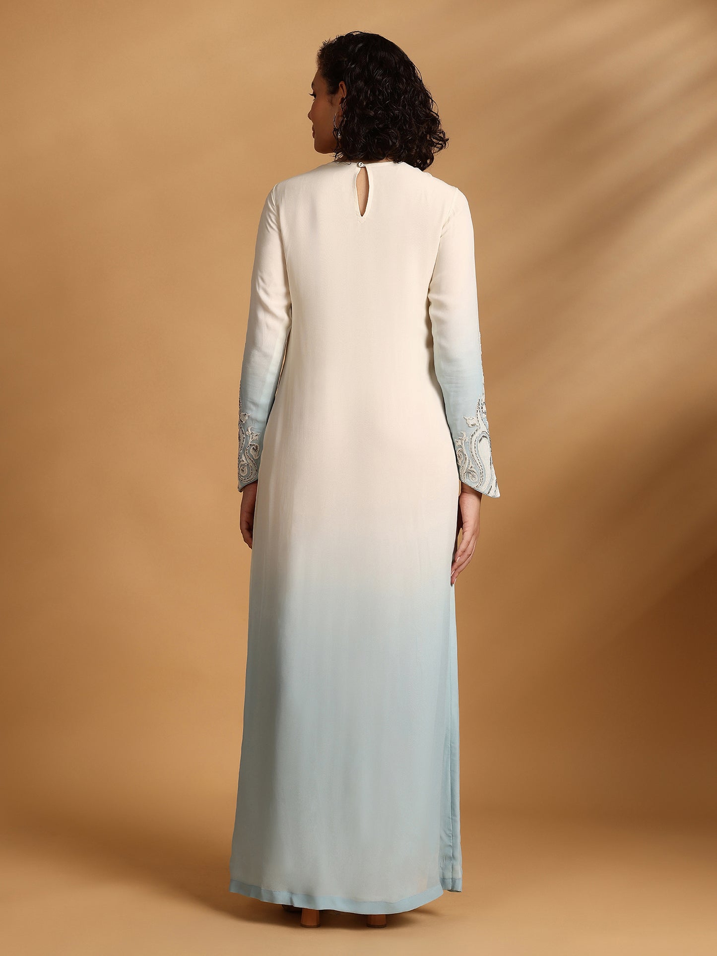 Long Sleeve Kaftan Dress - White Blue
