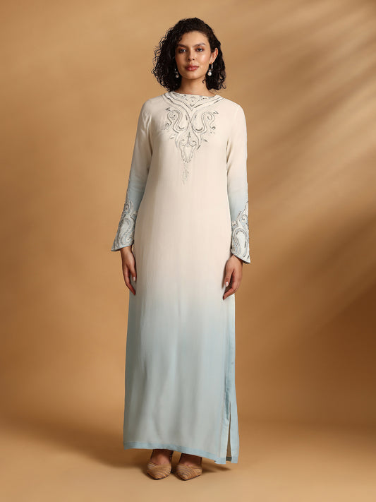 Long Sleeve Kaftan Dress - White Blue