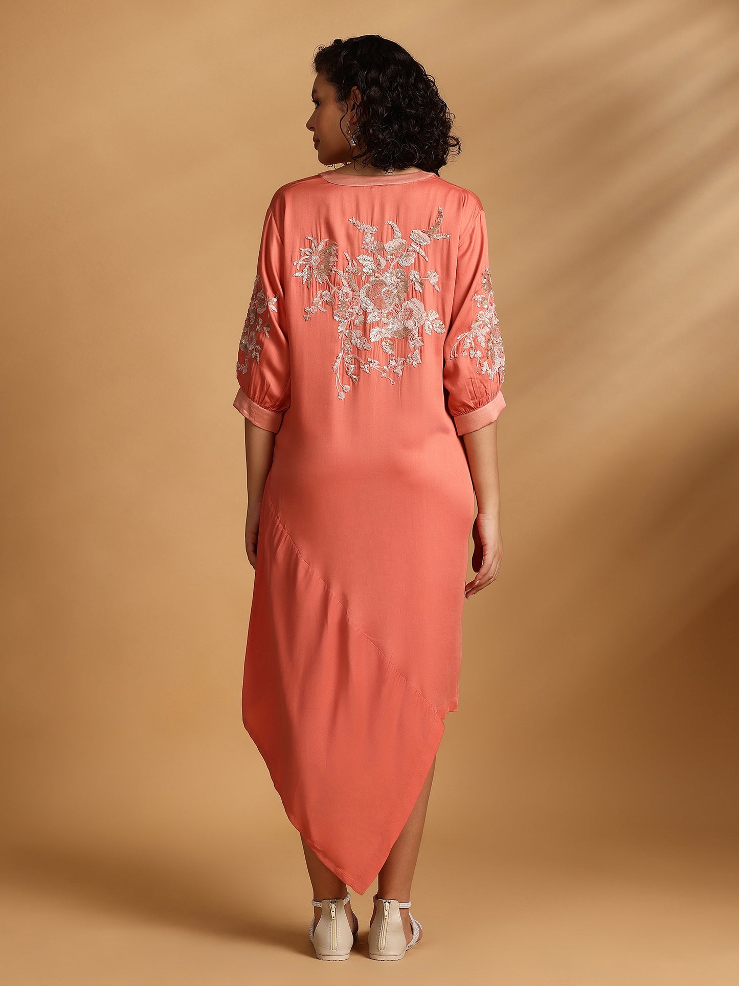 Embelished Asymmetric Dress - Coral