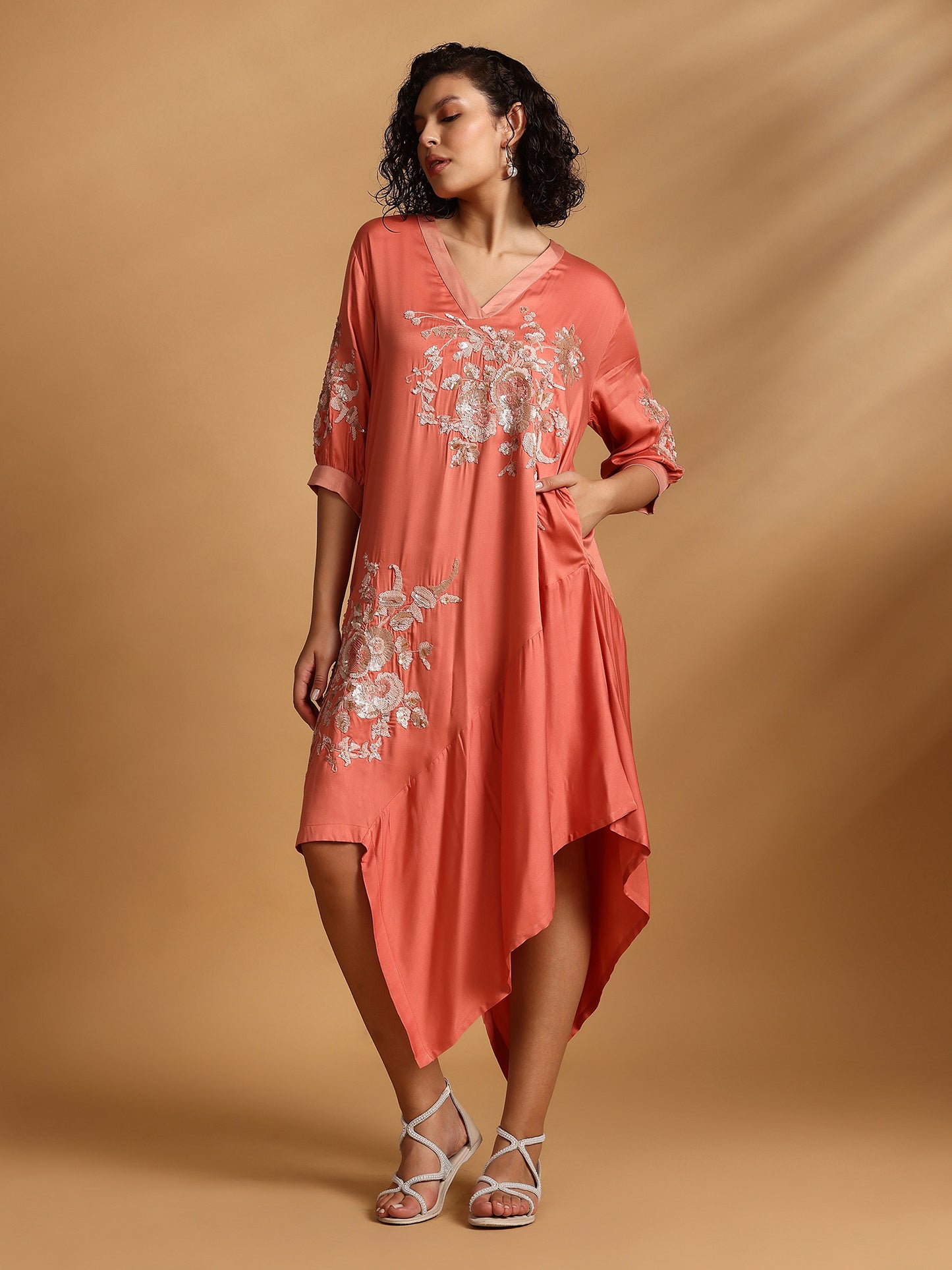 Embelished Asymmetric Dress - Coral