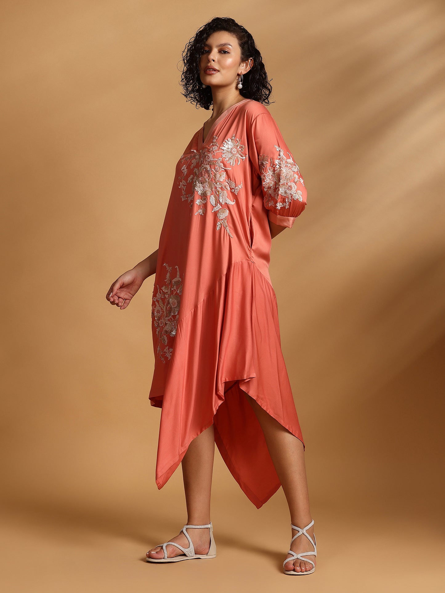 Embelished Asymmetric Dress - Coral