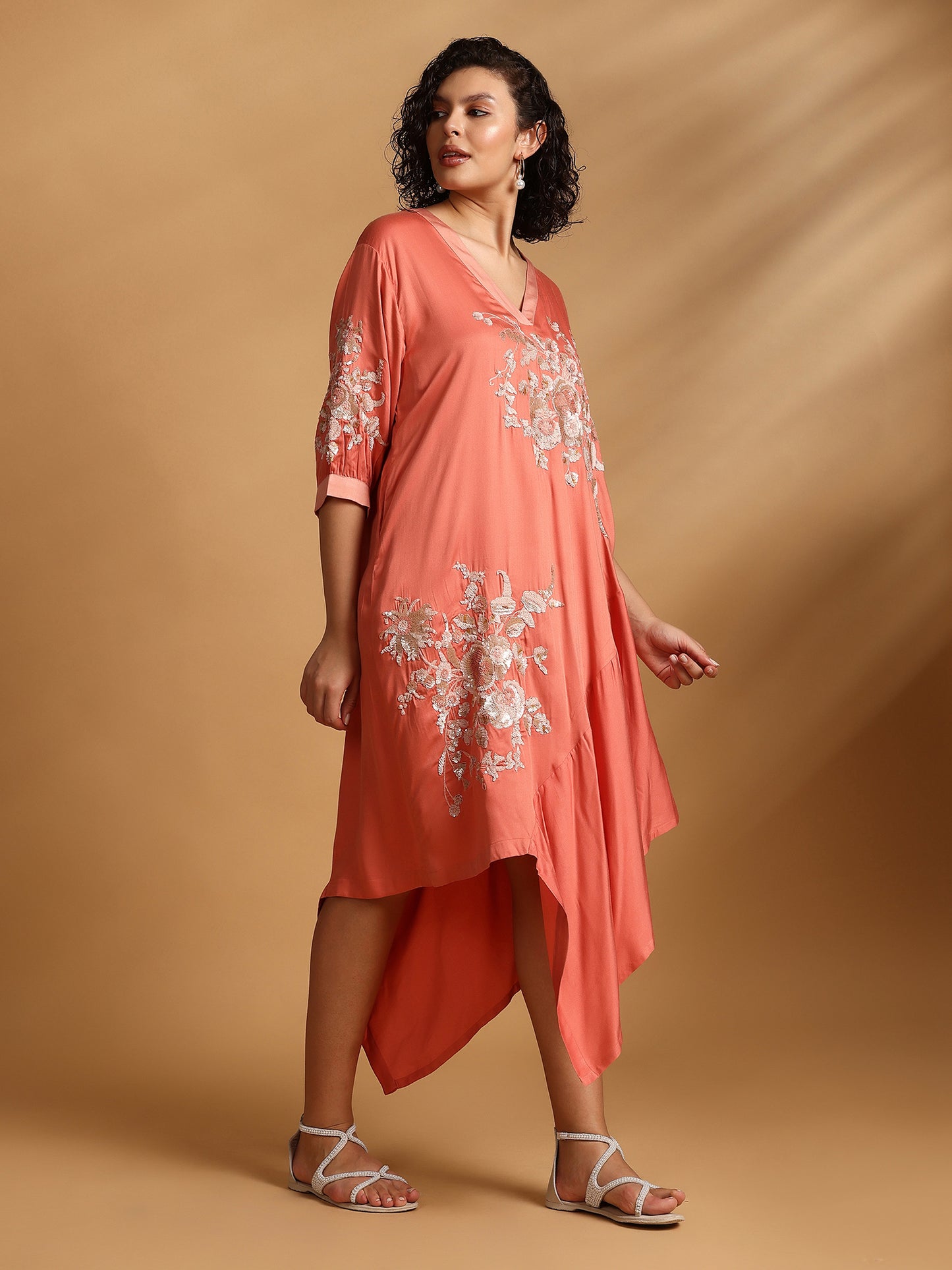 Embelished Asymmetric Dress - Coral