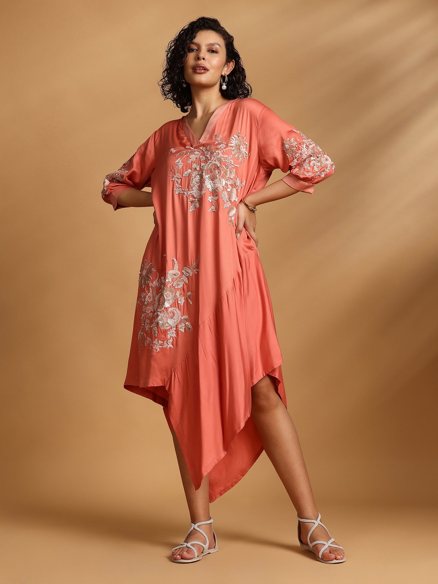 Embelished Asymmetric Dress - Coral