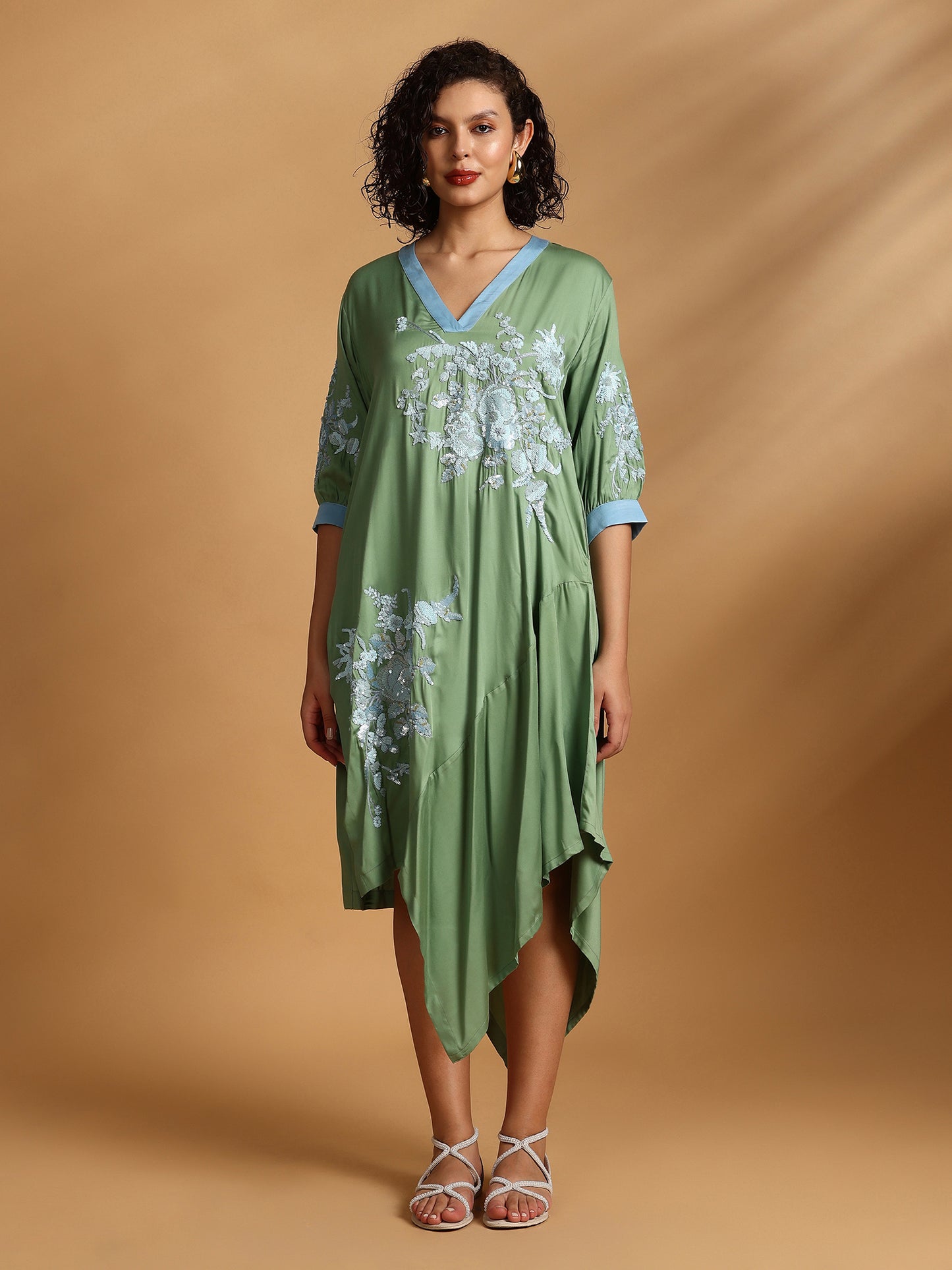 Embelished Asymmetric Dress - Green