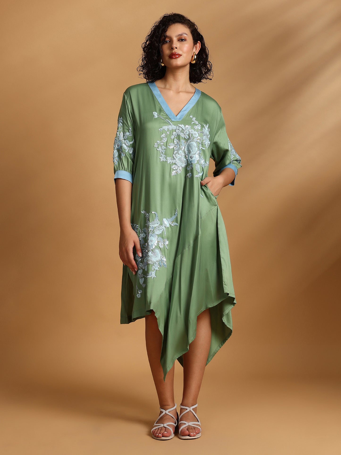 Embelished Asymmetric Dress - Green