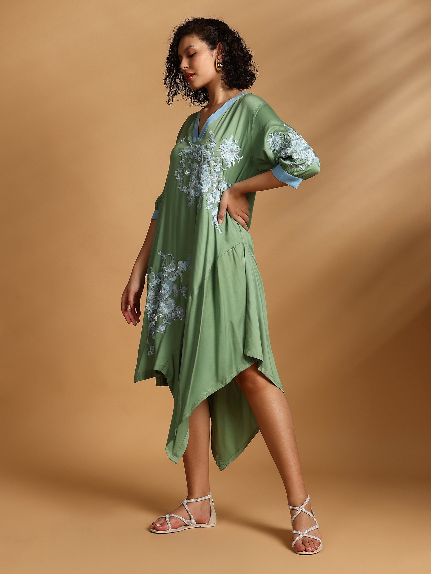 Embelished Asymmetric Dress - Green