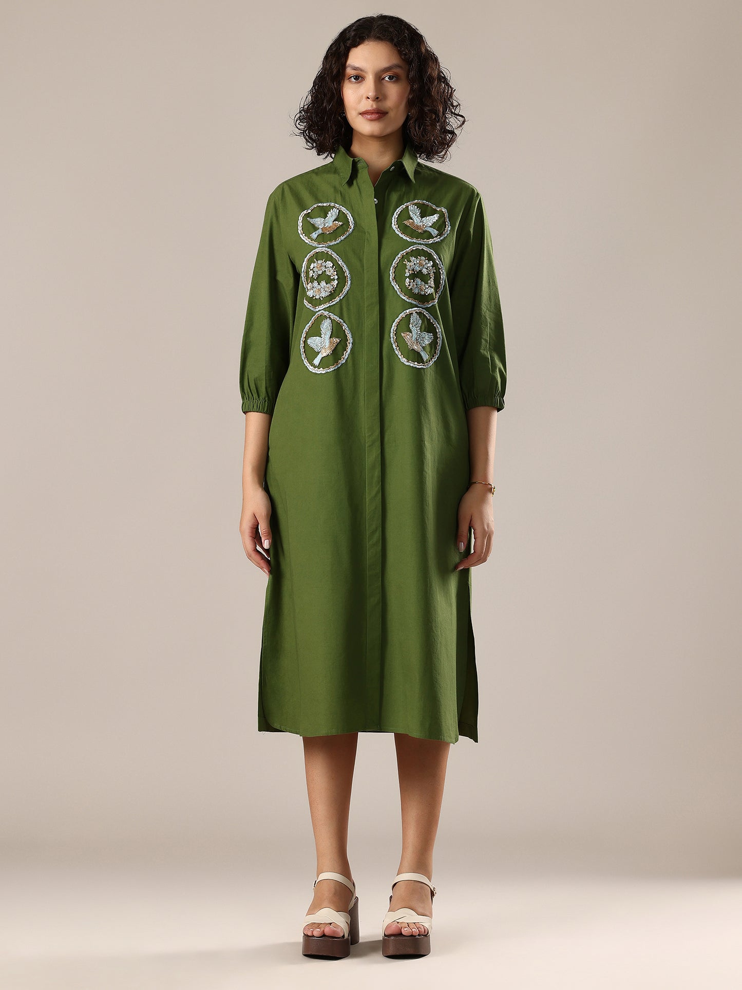 Embelished Long Shirt Dress - Green