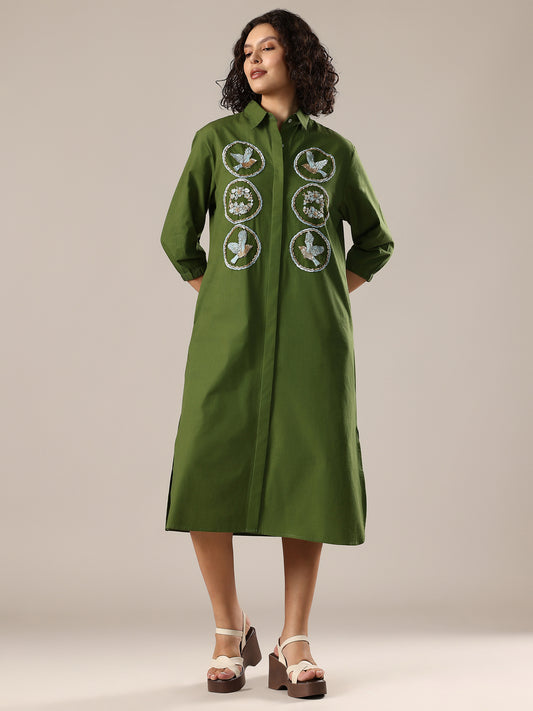 Embelished Long Shirt Dress - Green