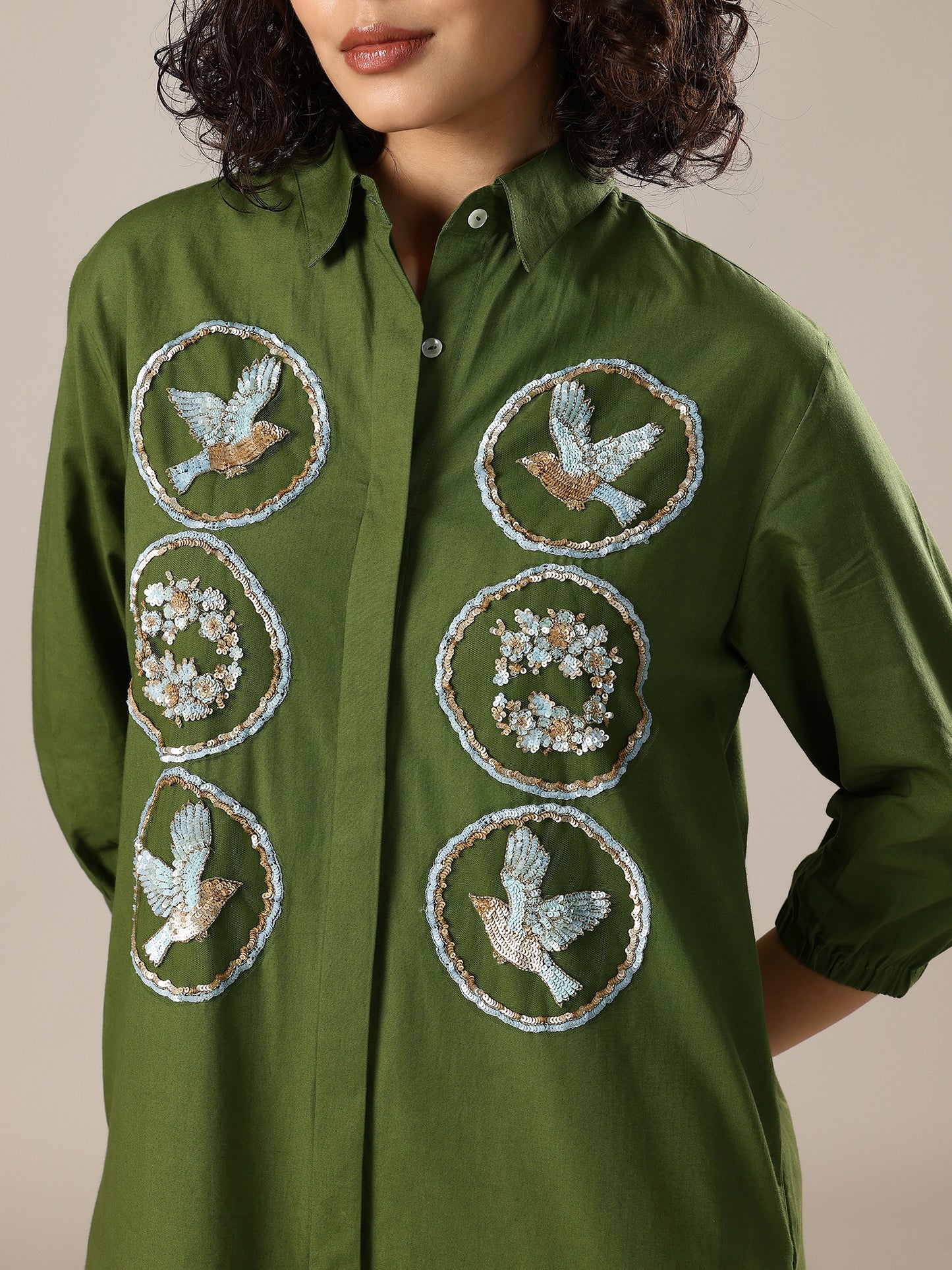 Embelished Long Shirt Dress - Green