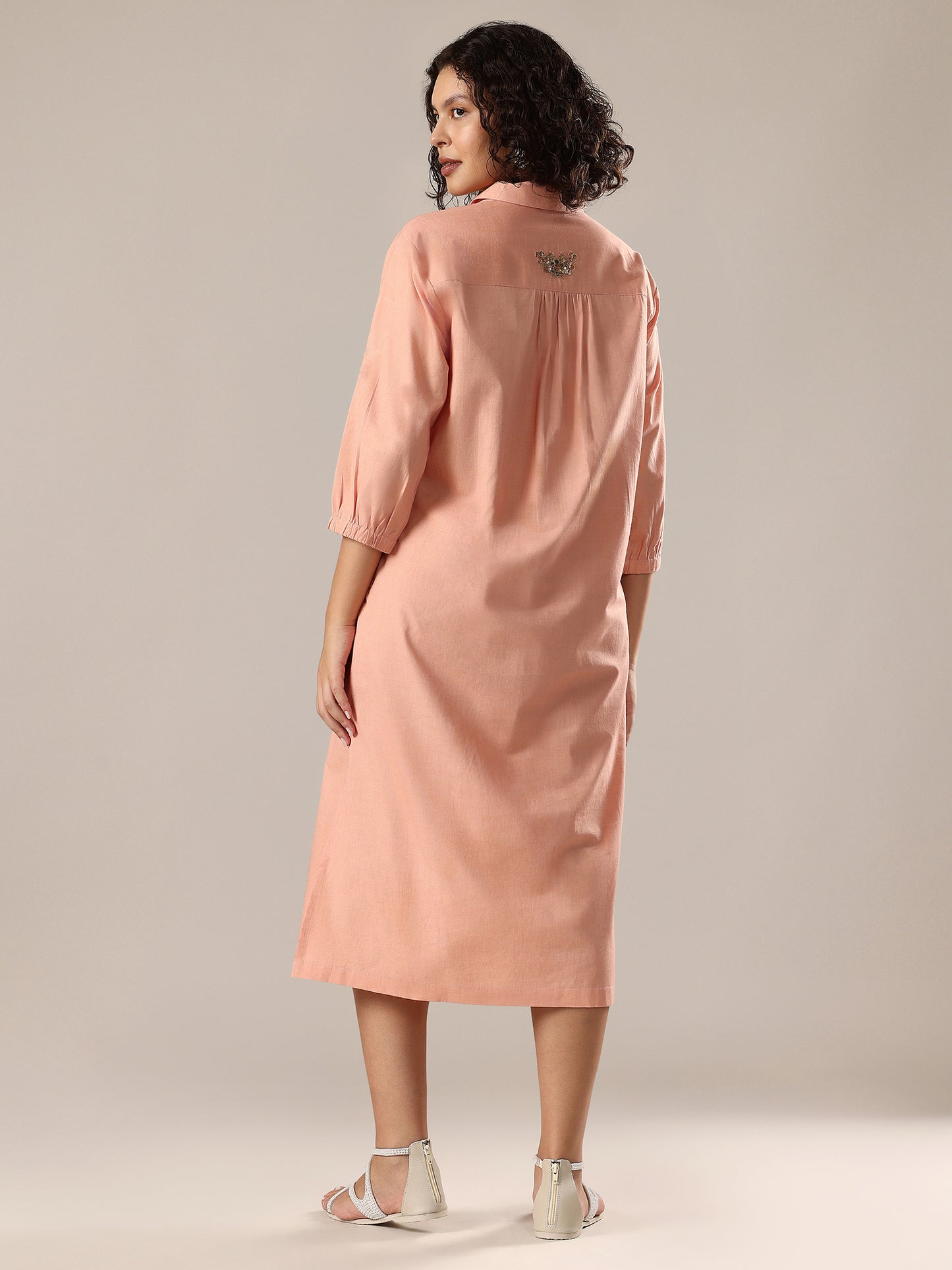 Embelished Long Shirt Dress - Peach
