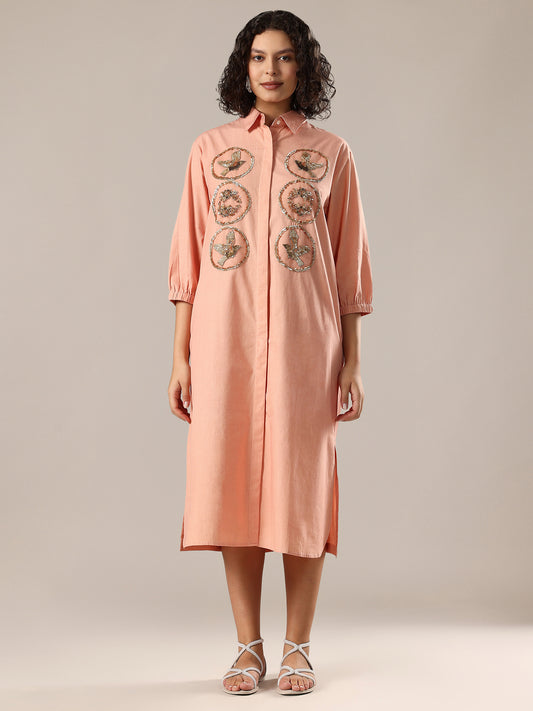 Embelished Long Shirt Dress - Peach