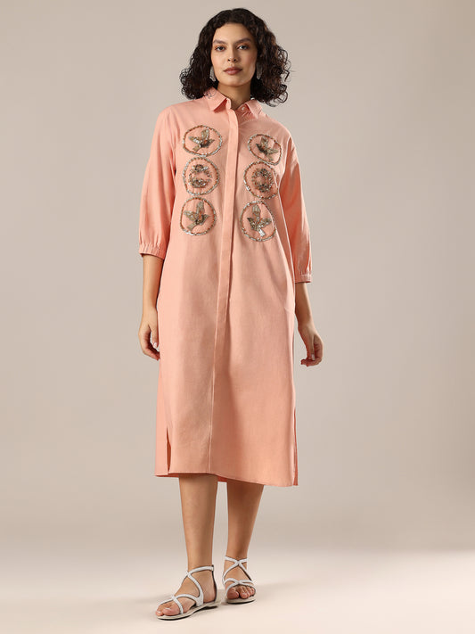 Embelished Long Shirt Dress - Peach
