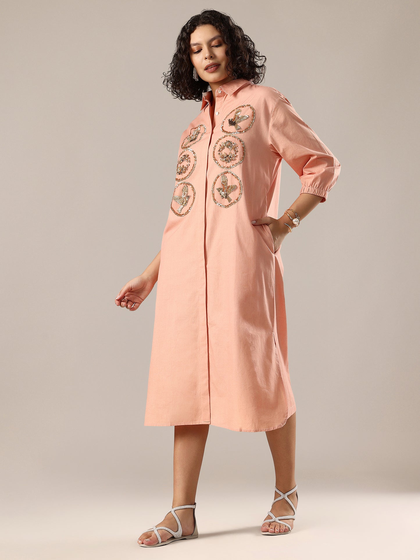 Embelished Long Shirt Dress - Peach