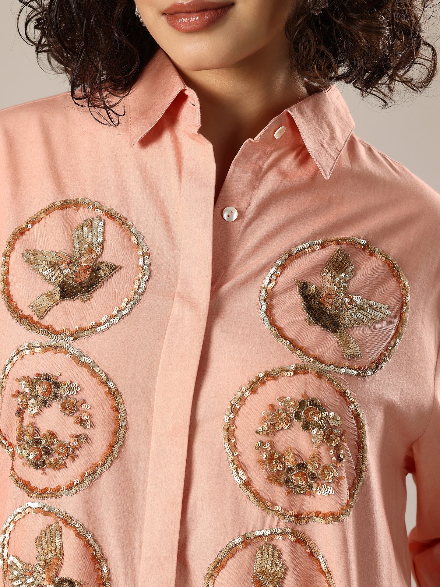 Embelished Long Shirt Dress - Peach