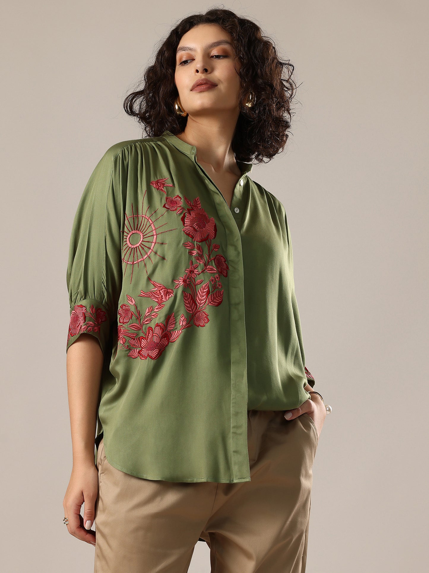 Embroidered Oversized Shirt - Green