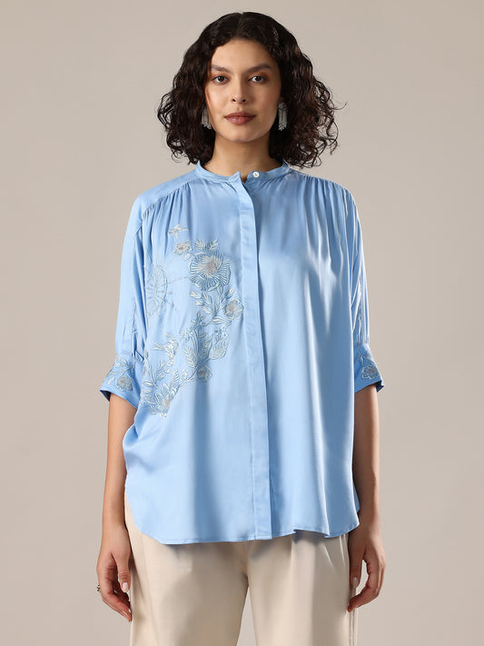Embroidered Oversized Shirt - Blue