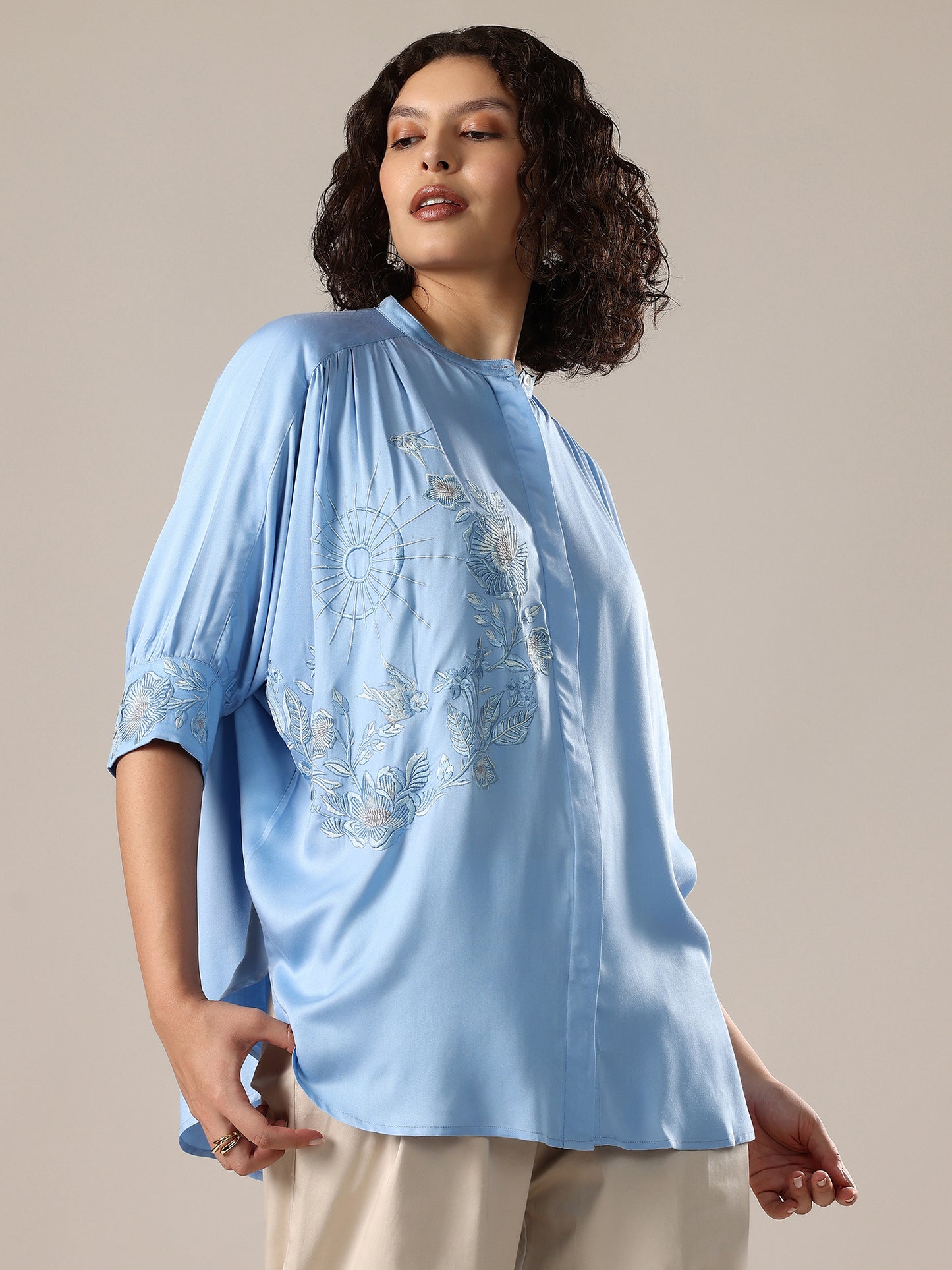 Embroidered Oversized Shirt - Blue