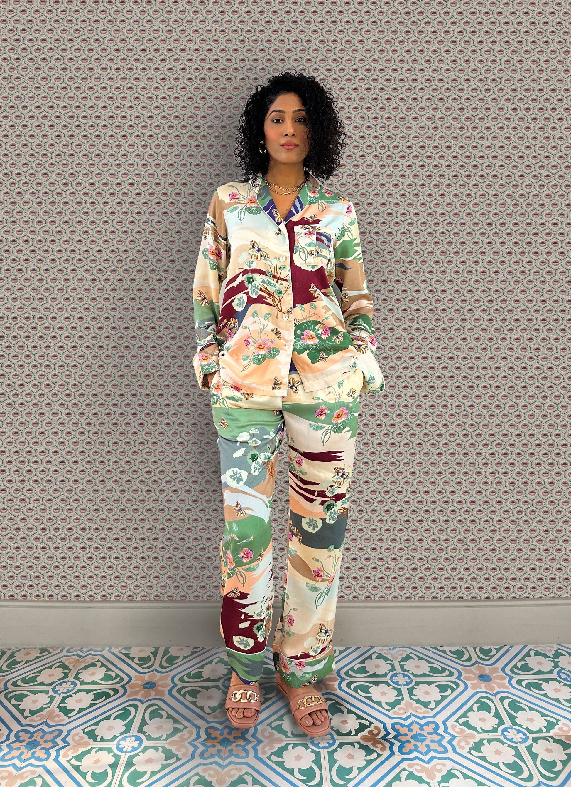 Printed Button down long sleeve pyjama set by AltSleep.  Indulge in luxury sleepwear with our signature collection by AltSleep. From stylish pyjamas to elegant kaftans, made-to-order our brand offers sleep solutions exclusively made for you. We believe in conscious fashion, provide customisations beyond standard sizes of XS to XL using superior fabrics for the best quality night wear.