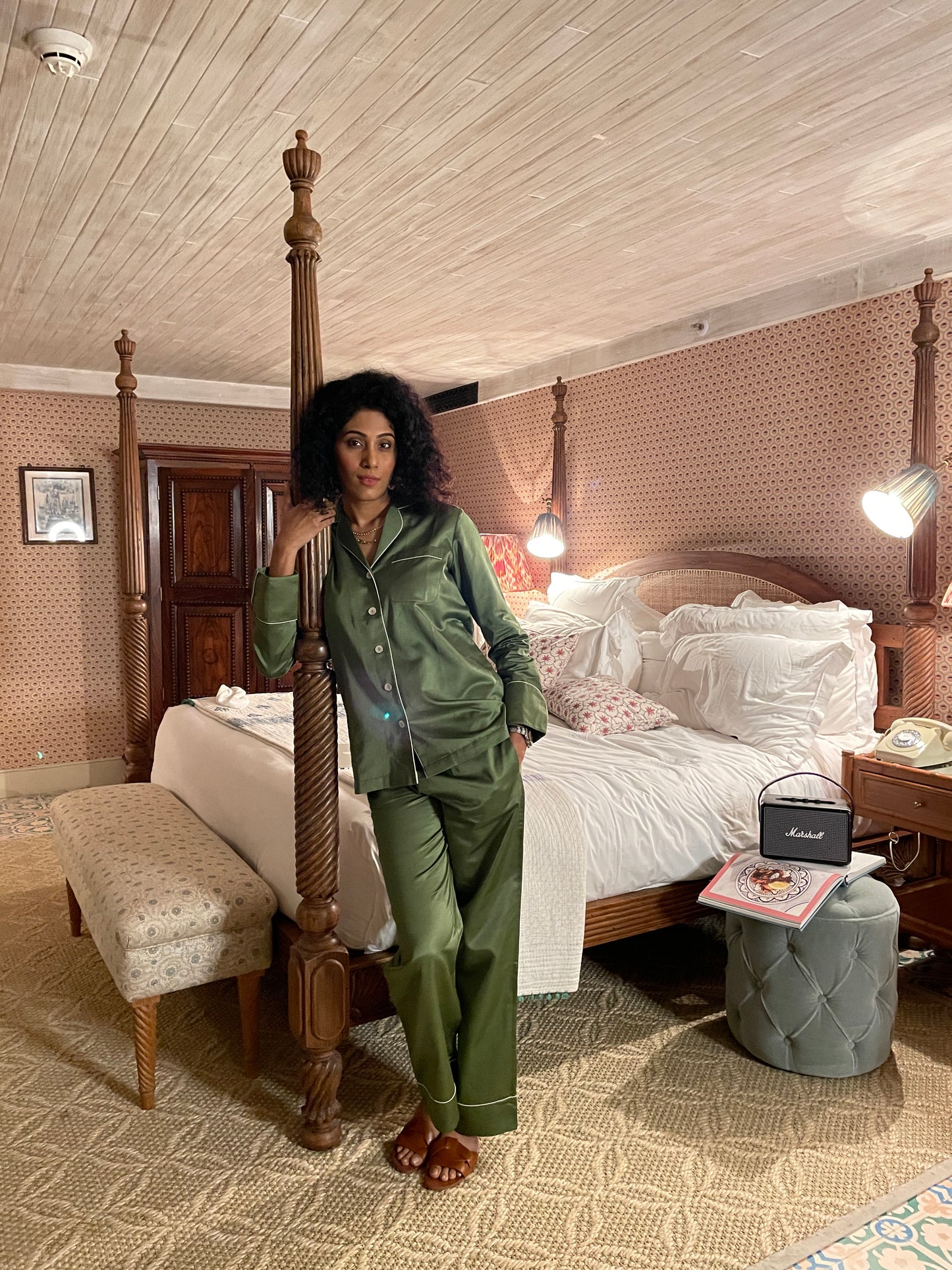 Button down long sleeve pyjama set in rainforest green with contrast piping. Indulge in luxury sleepwear with our signature collection by AltSleep. From stylish pyjamas to elegant kaftans, made-to-order our brand offers sleep solutions exclusively made for you. We believe in conscious fashion, provide customisations beyond standard sizes of XS to XL using superior fabrics for the best quality night wear.